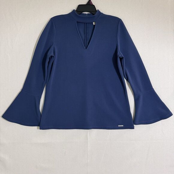 MICHAEL MICHAEL KORS FRONT CUTOUT V NECK BELL SLEEVE BLOUSE BLUE WOMENS SIZE LG - Picture 1 of 9